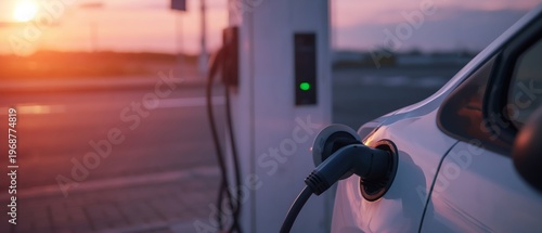 White electric car plugged into charging station during sunset