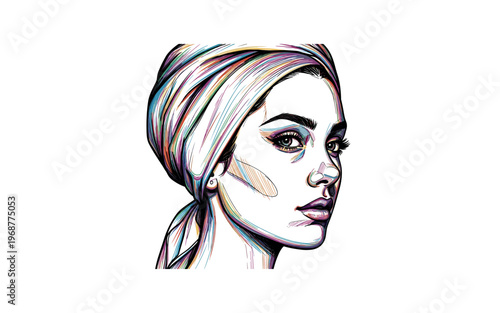 Vibrant abstract portrait of a woman with colorful flowing lines and a headscarf