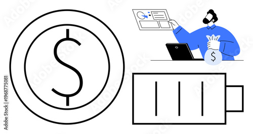Financial planning, energy management, savings, investments, economic growth, efficiency. Large dollar symbol and battery icon beside a person holding money. Financial savings and energy management