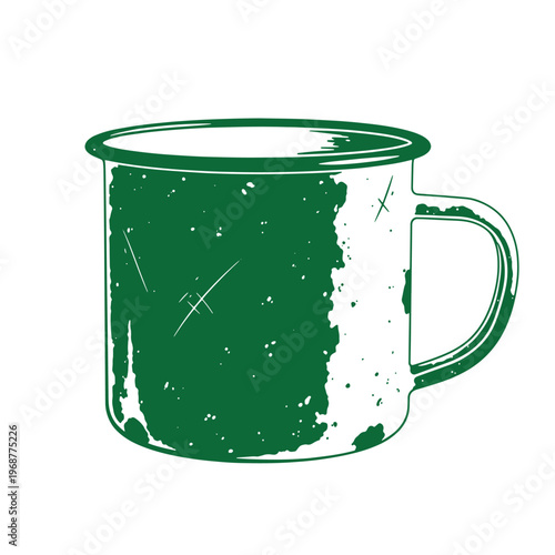 Grungy green metal enamel mug with a handle and distressed texture isolated on a white background in a flat style