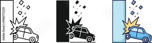 Car colliding with a wall, illustrating a traffic accident or impact.