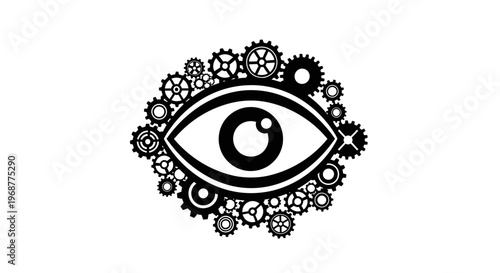 An eye surrounded by mechanical gears.