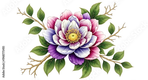 A beautifully illustrated watercolor bouquet featuring vibrant flowers and lush green foliage