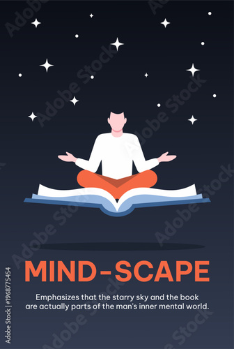  Conceptual Surreal Illustration of Man Meditating on Giant Flying Book for Mindfulness and Knowledge