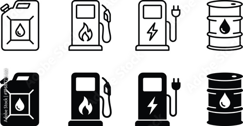 Fuel Energy Icon Set with Gasoline Can, Petrol Pump, Electric Charging Station, Oil Barrel Symbols for Industry, Transport, Power, and UI Design