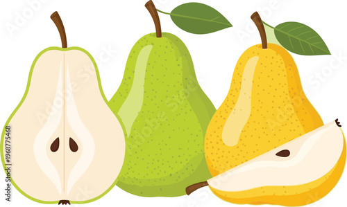 Three ripe pears, including one cut in half, showcase their fresh texture and seeds.