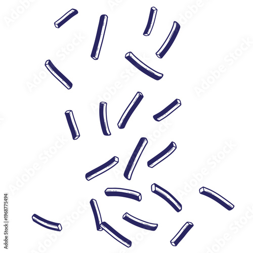 Dark blue line of scattered french fries falling down isolated on a white background featuring simple hand drawn potato sticks in a cartoon style