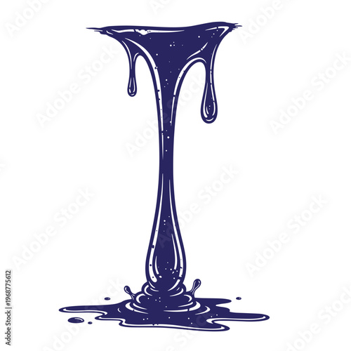 Dark blue liquid dripping down in a thick viscous stream forming a puddle with small droplets and splashes on a white background