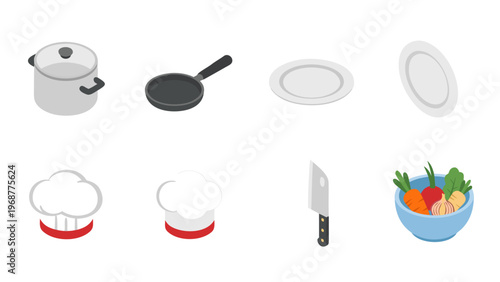 Collection of isometric kitchen utensils and ingredients for cooking and dining