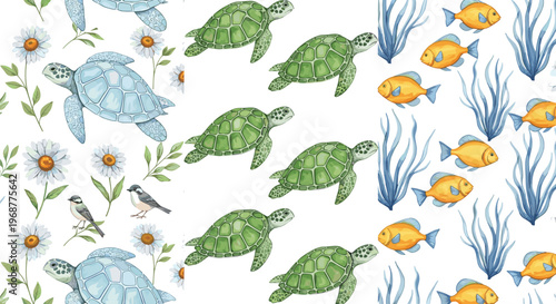 Vector seamless pattern collection featuring graceful sea turtles with floral daisies and tropical yellow fish swimming among blue underwater seaweed