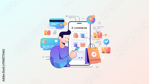 Man using smartphone for online shopping with credit cards and delivery boxes