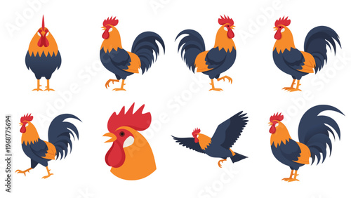 Collection of cartoon roosters in various poses and actions, isolated on white
