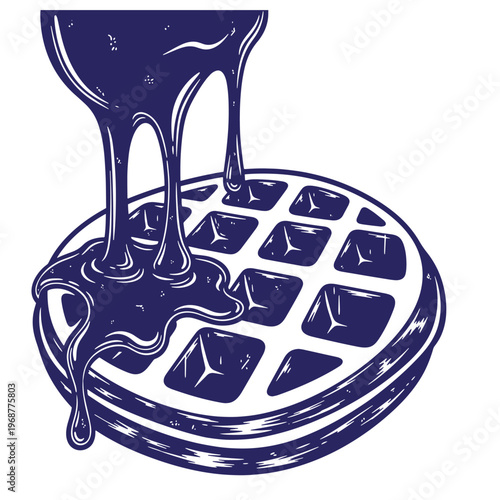 Dark blue monochrome of thick syrup pouring over a round belgian waffle with a grid pattern and dripping liquid edges isolated on a white background