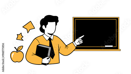 Illustration of a teacher holding books and pointing to a blackboard with an apple nearby