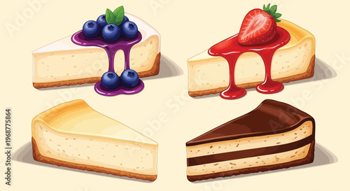 Decadent cheesecake slices adorned with fresh fruit and chocolate offer sweet indulgence.