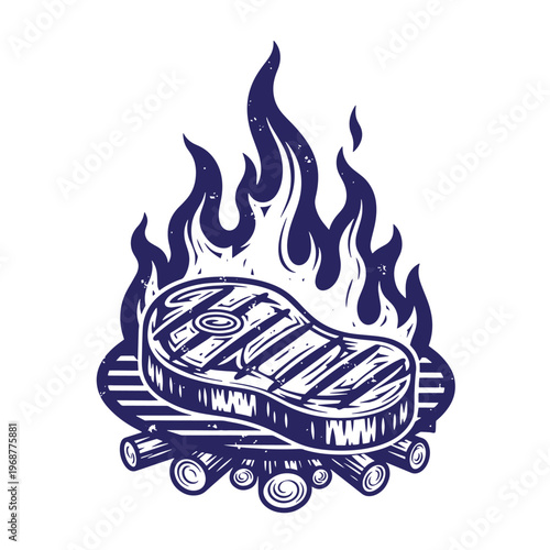 Dark blue of a grilled beef steak cooking over a campfire with flames rising behind the meat on a white background