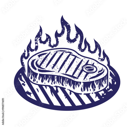 Dark blue of a raw beef steak with grill marks cooking on a hot barbecue grate surrounded by flickering flames with a distressed vintage texture on a white background