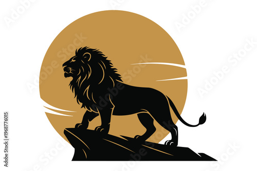 Silhouette of a lion standing on a rock against a golden sun background