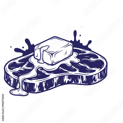 Dark blue of a raw beef steak topped with a square block of melting butter and liquid splashes isolated on a white background