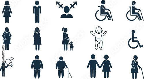 Diverse human icons represent various demographics, including gender, age, and ability.