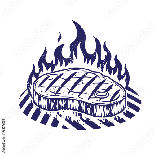 Dark blue of a raw beef steak with grill marks cooking over open flames on a barbecue grate isolated on a white background