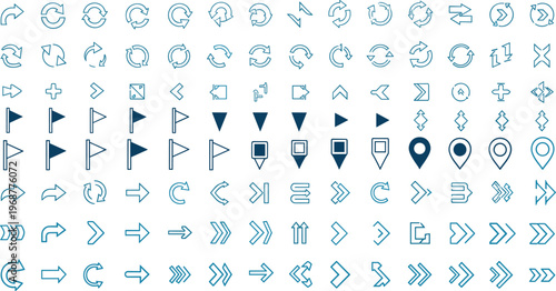 Comprehensive collection of blue navigation icons featuring various arrow styles circular refresh symbols map location pins and flag markers in a modern outline design