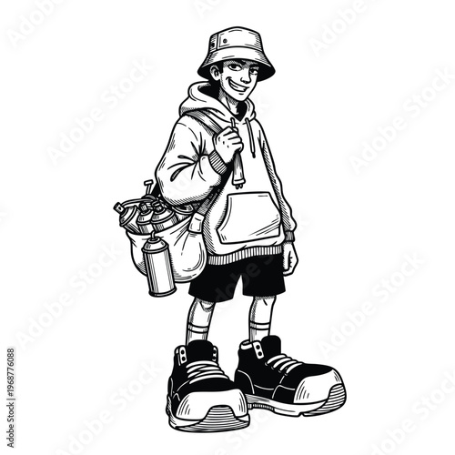 Street Style Hip Hop Boy with Bucket Hat Carrying Spray Cans Vintage Engraving Style Vector Illustration