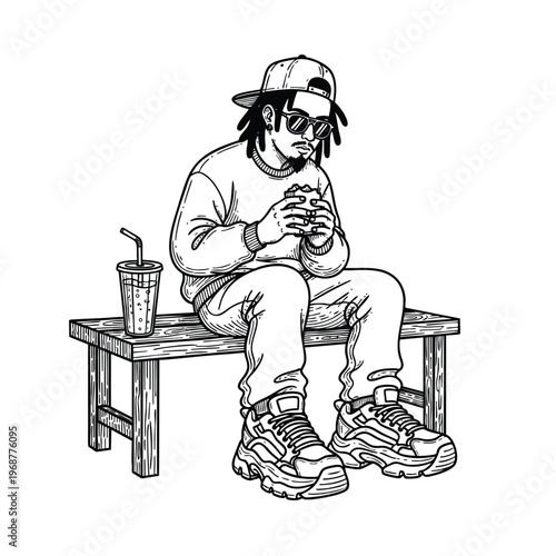 Relaxed Hip Hop Urban Guy Sitting on Bench Drinking Coffee Cap and Sneakers Engraving Vector Illustration
