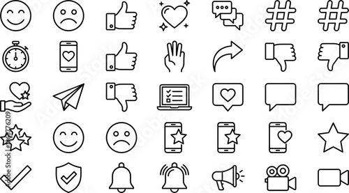 Social Media and User Interaction Line Icon Set with Likes, Comments, Emojis, Notifications, Feedback and Digital Communication Symbols