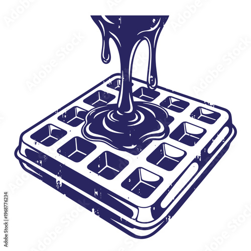Dark blue of thick syrup pouring over a square belgian waffle with a distressed vintage texture isolated on a white background