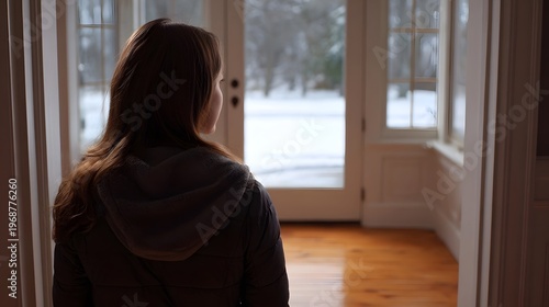 A woman in a hooded jacket stands indoors looking out through a doorway at a serene snow covered winter landscape Free Download A woman in a hooded jacket stands indoors looking out through a doorway at a serene snow covered winter landscape - GFXLoad