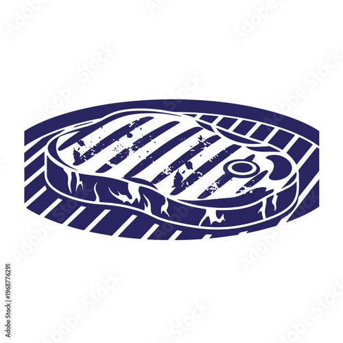 Dark blue silhouette of a raw steak with grill marks resting on a barbecue grate surface isolated on a white background