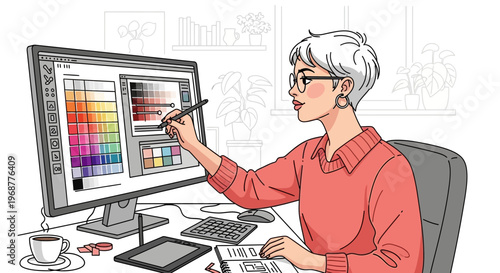 Graphic designer working on computer with color palette and drawing tablet, creative workspace
