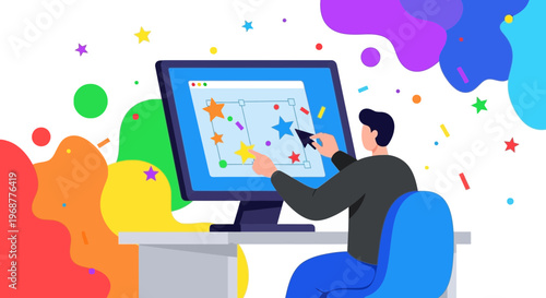 Graphic Designer Working on Computer with Colorful Abstract Shapes and Stars