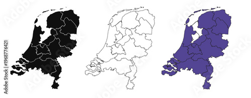 A set of vector maps of Netherlands with prefecture boundaries in three styles