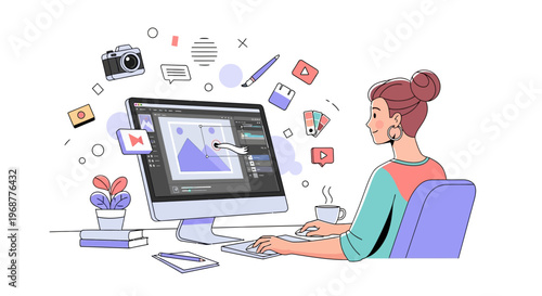 Graphic designer working on computer, creative process, digital art, illustration, modern workspace