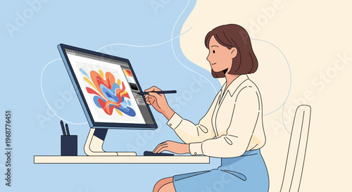 Graphic designer working on digital art with stylus on computer screen, creative workspace