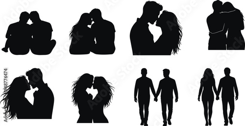 Romantic couple silhouettes, diverse love relationships, kissing embracing walking hand in hand, inclusivity affection illustration, emotional connection artwork, Valentine theme