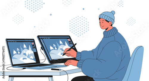 Graphic designer working on digital art with stylus on laptop and tablet, winter landscape