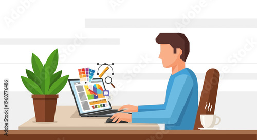 Graphic designer working on laptop with color palette and design tools, creative workspace