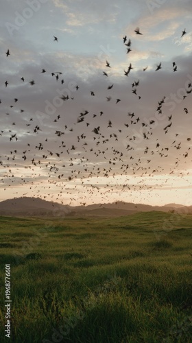 Flock of birds flying low above green meadow at sunset, evening light, cinematic wide landscape