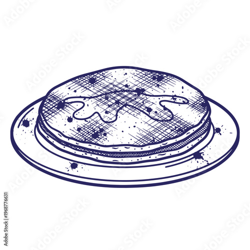 Hand drawn ink of a stack of pancakes on a round plate with syrup dripping down the sides featuring cross hatching and ink splatters in a dark blue monochromatic style