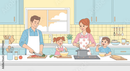 Happy family cooking together in a bright, modern kitchen, creating memories and healthy food.