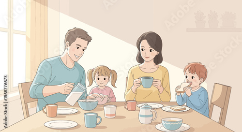 Happy family eating breakfast together at a sunlit table, morning meal, healthy lifestyle