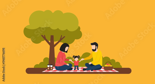 Happy family enjoying a picnic under a tree, outdoor leisure activity