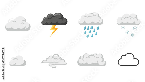 Collection of eight different weather icons featuring clouds and precipitation