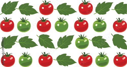 Fresh Tomato and Leaf Collection with Red and Green Variations Organic Vegetable Cartoon Vector Set Isolated on White Background