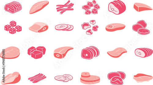 Collection of various raw meat cuts and steaks on white background for food and culinary concepts