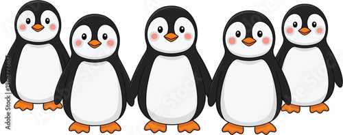 Cute Penguin Character Set with Smiling Faces and Blush Cheeks Cartoon Animal Collection Flat Style Vector Isolated on White Background