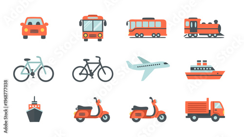 Collection of colorful flat design icons representing various modes of transportation